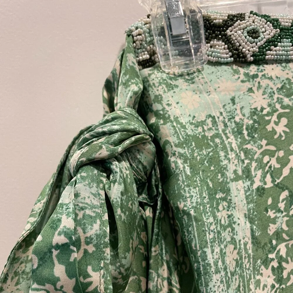 Zara Green Printed Wrap Style Midi Skirt with Beaded Waistband - SZ XL - Picture 5 of 7